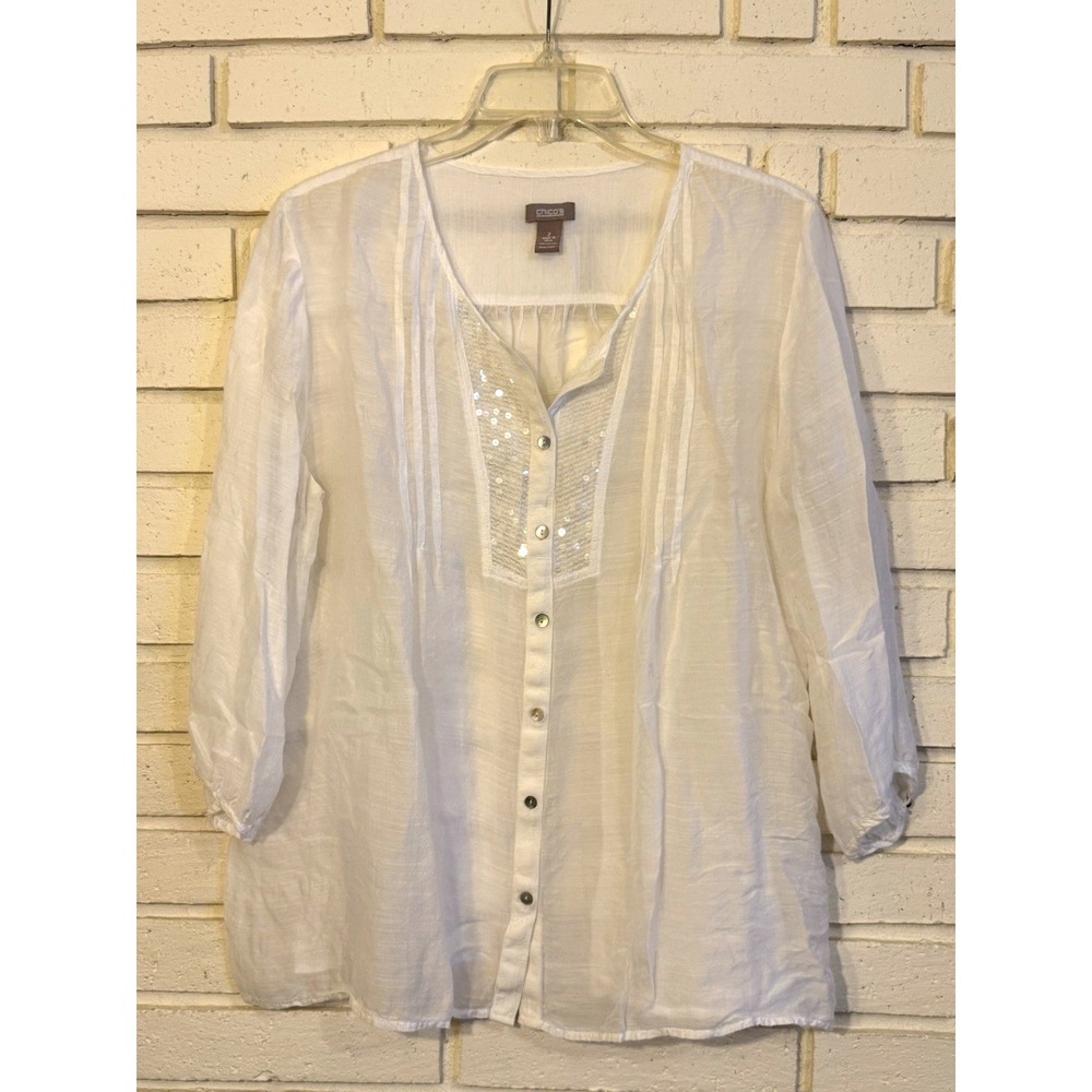 Chico's 2 Women's Blouse Size Lg White Sheer Sequined Modern Button Up Top